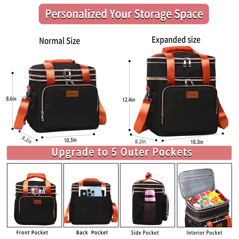 Glenkey Expandable Insulated Lunch Box For Women Men  Double Deck Large Lunch Bag Tote Leakproof Lunch Cooler With Shoulder Strap For Adults Work Shift Outdoor Picnic Daytrip  (Black  16L) - Image 3