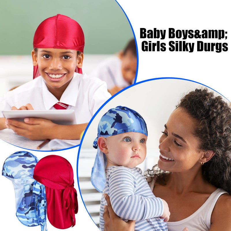 Loopeer 4 Pcs Kids Satin Durags Head Wrap Silk Durag Cap with Long Tail Wide Strap 360 Waves Cap for Boy Toddler Girls(Black, Wine Red, Blue, Camouflage Blue) - Image 3