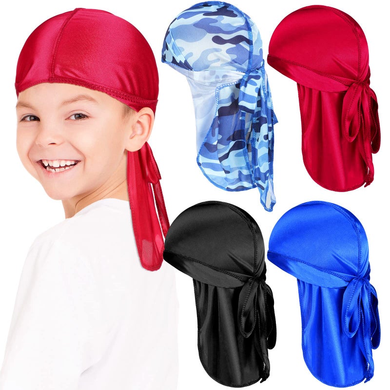 Loopeer 4 Pcs Kids Satin Durags Head Wrap Silk Durag Cap with Long Tail Wide Strap 360 Waves Cap for Boy Toddler Girls(Black, Wine Red, Blue, Camouflage Blue) - Image 1