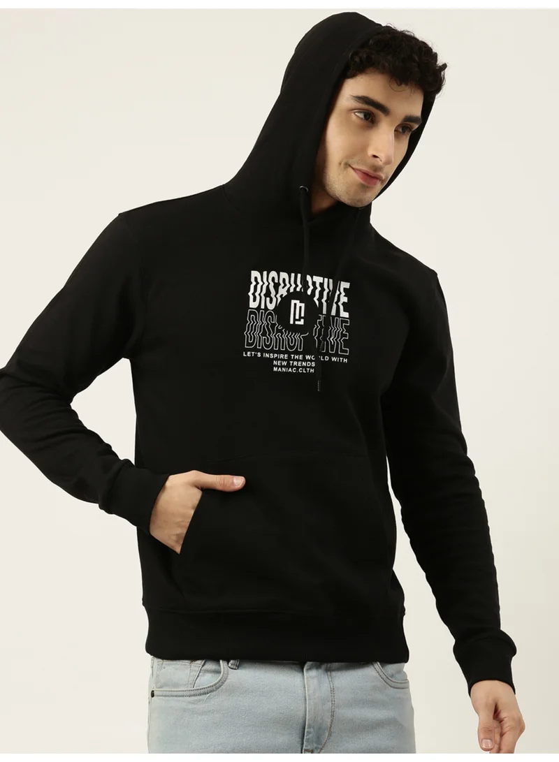 Maniac Maniac Printed Mens Full sleeve Hooded Neck Black and White Cotton Slim Fit Sweatshirt