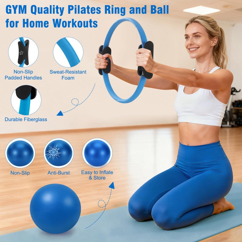 Muuruu Pilates Equipment Kit for Home Workout, Pilates Ring and Ball Set for Women, 14'' Magic Circle Essentials Accessories Kit, Wrist Weights, Resistance Bands, Yoga Strap, Socks, Bag Blue - Image 3