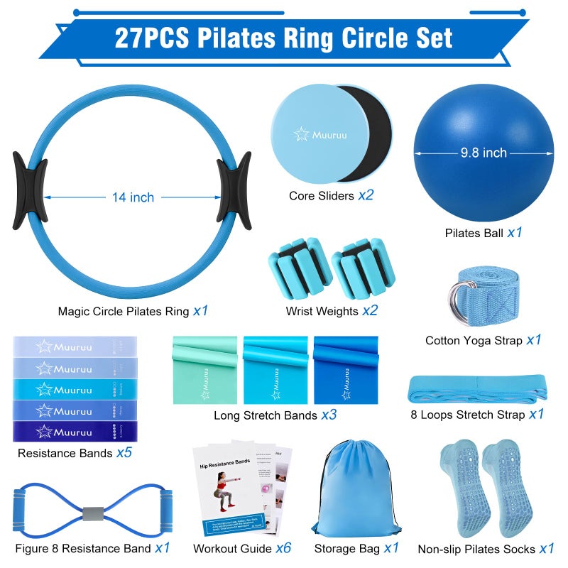 Muuruu Pilates Equipment Kit for Home Workout, Pilates Ring and Ball Set for Women, 14'' Magic Circle Essentials Accessories Kit, Wrist Weights, Resistance Bands, Yoga Strap, Socks, Bag Blue - Image 2
