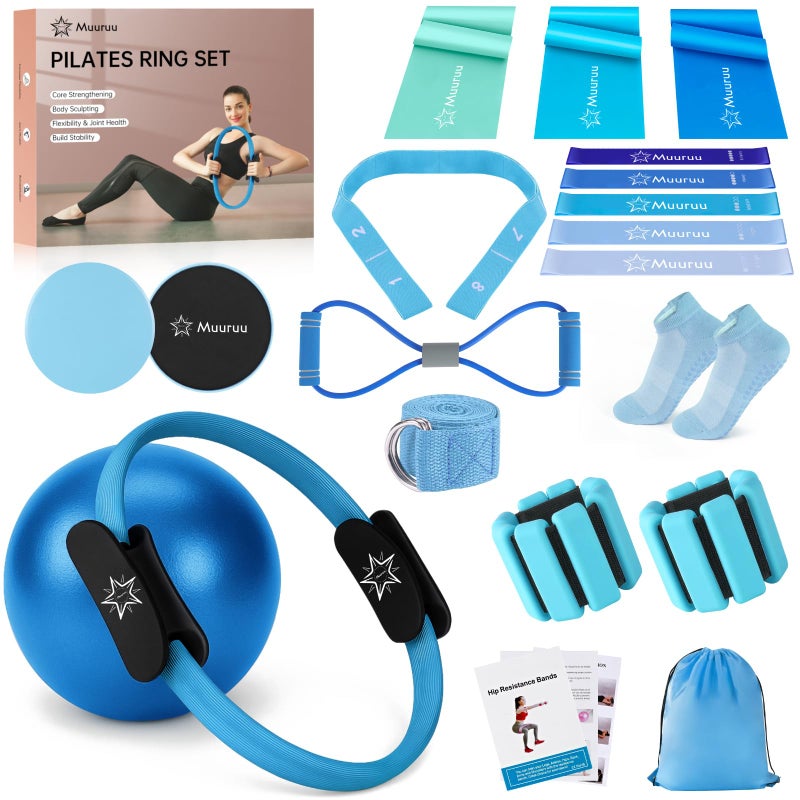 Muuruu Pilates Equipment Kit for Home Workout, Pilates Ring and Ball Set for Women, 14'' Magic Circle Essentials Accessories Kit, Wrist Weights, Resistance Bands, Yoga Strap, Socks, Bag Blue - Image 1