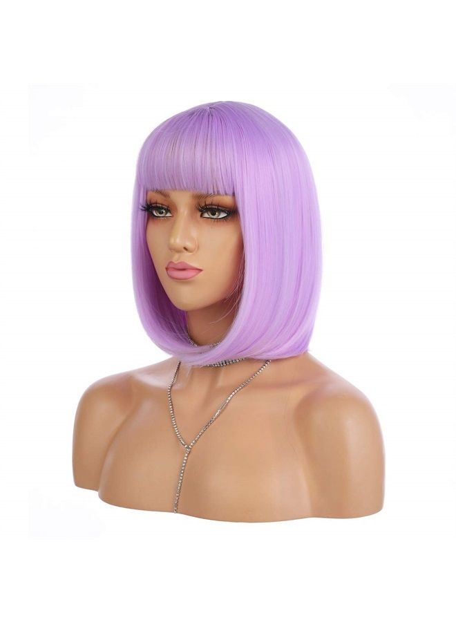 eNilecor Short Bob Hair Wigs 12" Straight with Flat Bangs Synthetic Colorful Cosplay Daily Party Wig for Women Natural As Real Hair+ Free Wig Cap (Lavender Purple) - Image 1
