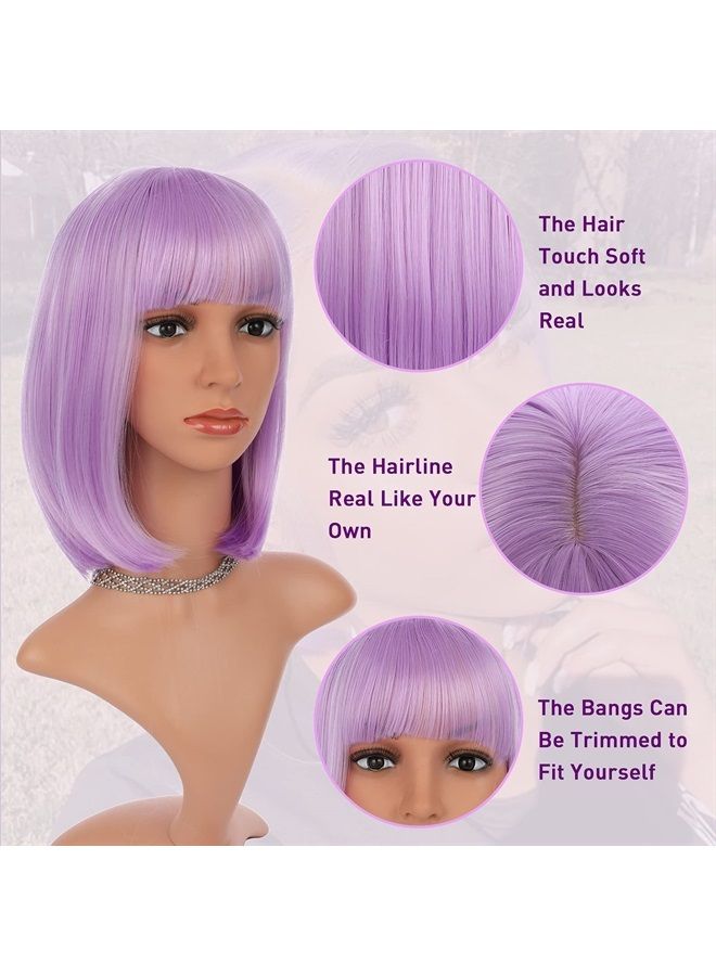 eNilecor Short Bob Hair Wigs 12" Straight with Flat Bangs Synthetic Colorful Cosplay Daily Party Wig for Women Natural As Real Hair+ Free Wig Cap (Lavender Purple) - Image 4