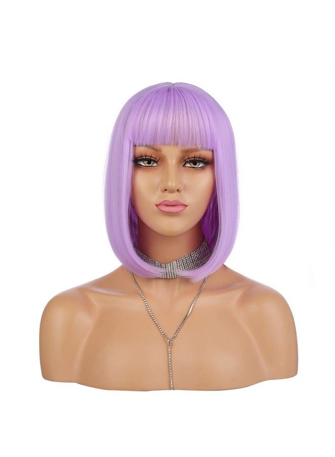 eNilecor Short Bob Hair Wigs 12" Straight with Flat Bangs Synthetic Colorful Cosplay Daily Party Wig for Women Natural As Real Hair+ Free Wig Cap (Lavender Purple) - Image 2
