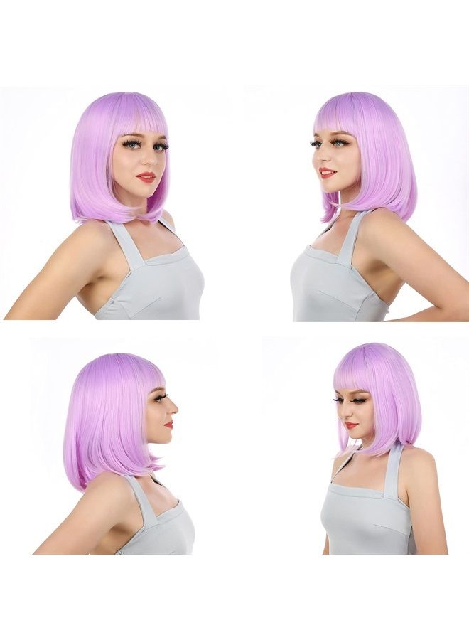 eNilecor Short Bob Hair Wigs 12" Straight with Flat Bangs Synthetic Colorful Cosplay Daily Party Wig for Women Natural As Real Hair+ Free Wig Cap (Lavender Purple) - Image 5