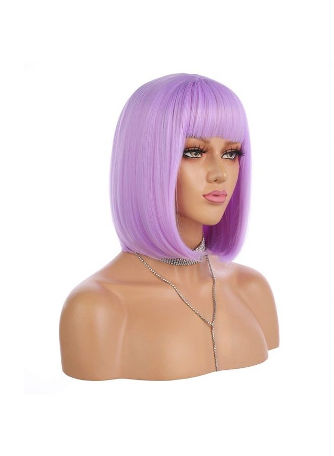 eNilecor Short Bob Hair Wigs 12" Straight with Flat Bangs Synthetic Colorful Cosplay Daily Party Wig for Women Natural As Real Hair+ Free Wig Cap (Lavender Purple) - Image 3
