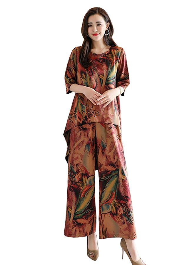 ZCM-HAPPY Fashionable Vintage Printed Women's Clothing Loose Short Sleeve Wide Leg Pants Set  - Image 1