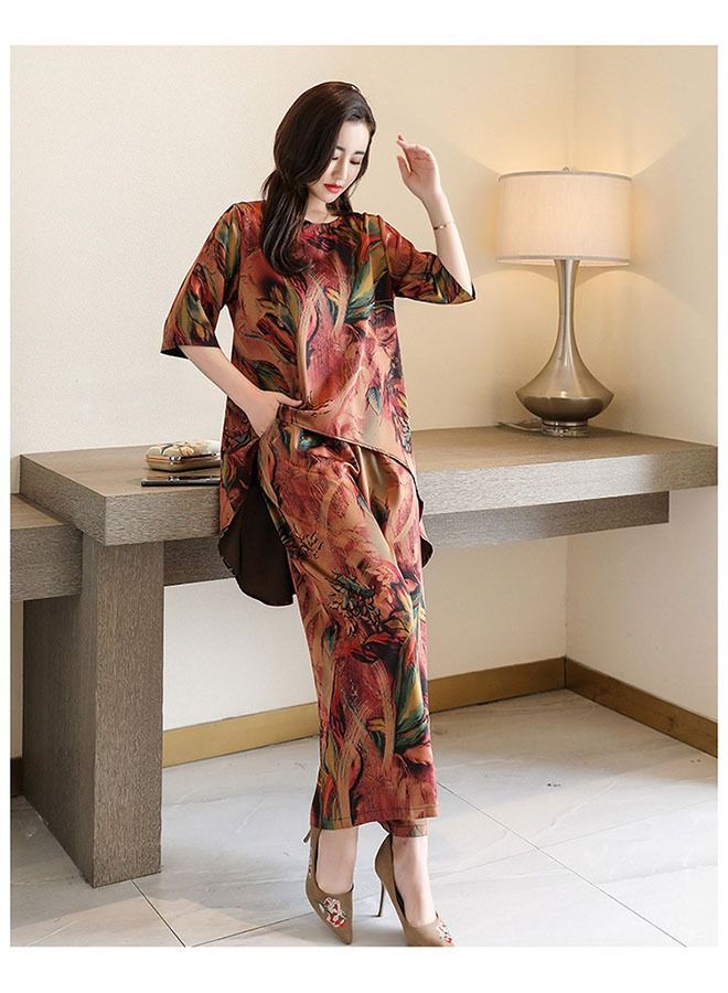 ZCM-HAPPY Fashionable Vintage Printed Women's Clothing Loose Short Sleeve Wide Leg Pants Set  - Image 2