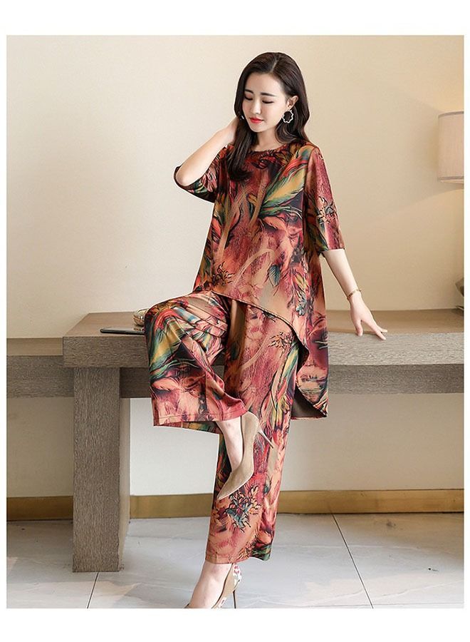 ZCM-HAPPY Fashionable Vintage Printed Women's Clothing Loose Short Sleeve Wide Leg Pants Set  - Image 3