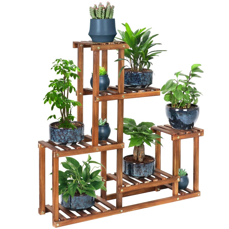 COOGOU Wood Plant Stand Indoor Outdoor Multi Tiered Corner Plant Shelf Holder High Low Flower Rack Stand for Indoor Multiple Plants 9 Potted Organize Shelves in Living Room Garden Balcony Patio Yard - Image 1