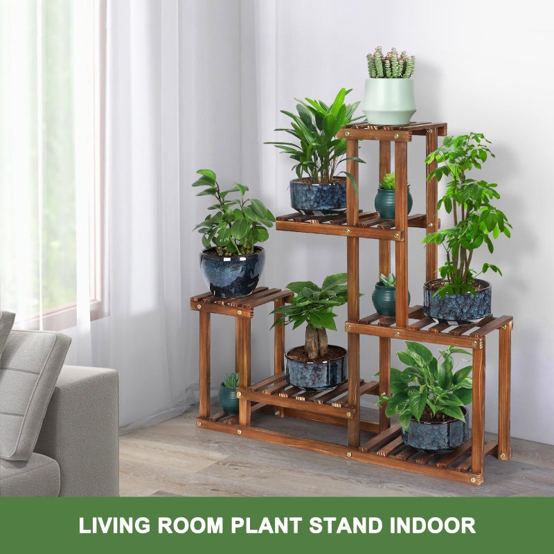 COOGOU Wood Plant Stand Indoor Outdoor Multi Tiered Corner Plant Shelf Holder High Low Flower Rack Stand for Indoor Multiple Plants 9 Potted Organize Shelves in Living Room Garden Balcony Patio Yard - Image 5
