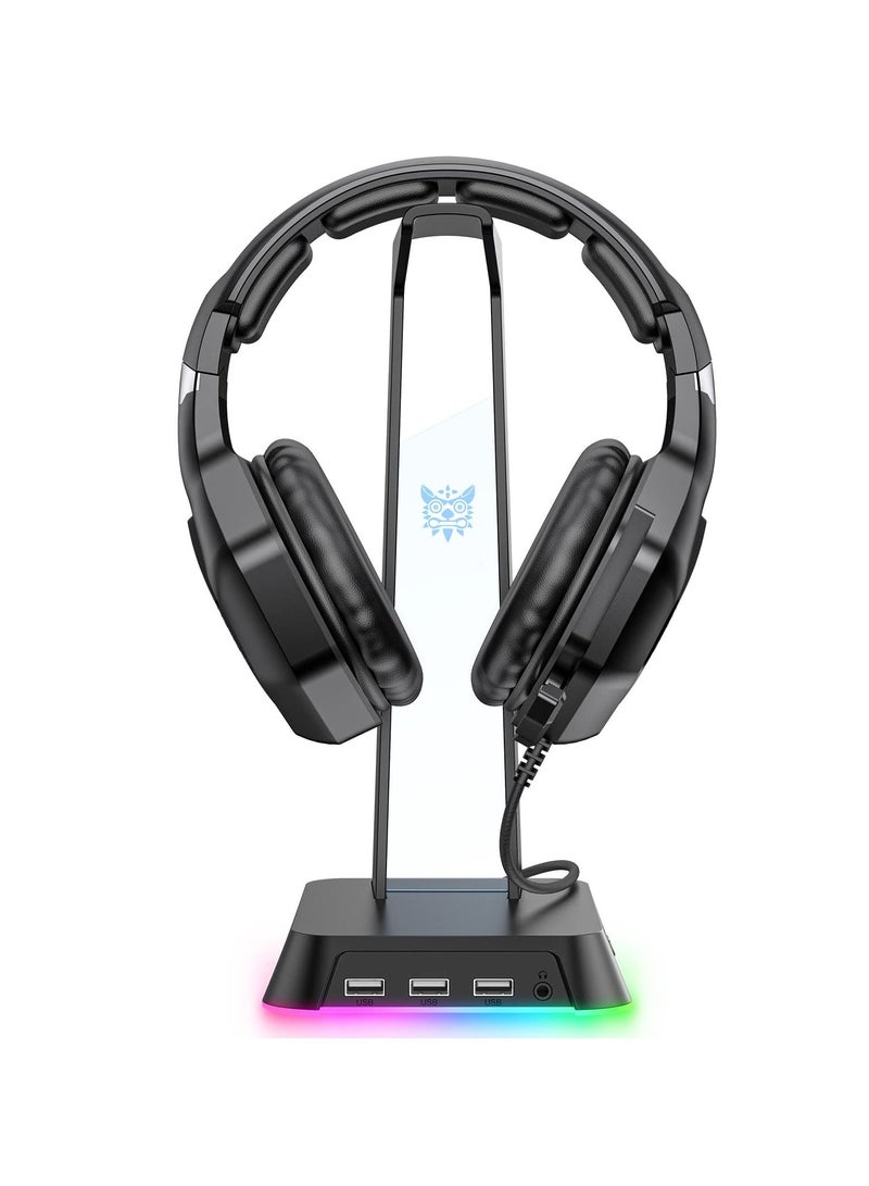 onikuma RGB Headphones Stand with 3.5mm AUX and 3 USB 2.0 Ports, Gaming Headset Holder Hanger with Non-Slip Rubber Base for Gaming Headset  - Image 1