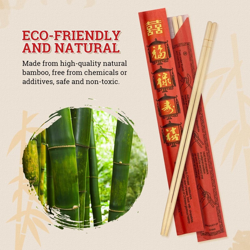 52USA Disposable Bamboo Chopsticks (100 Sets) - 9'' Long, UV Treated, Individually Wrapped Japanese and Chinese Wooden Chopsticks Bulk - Image 3