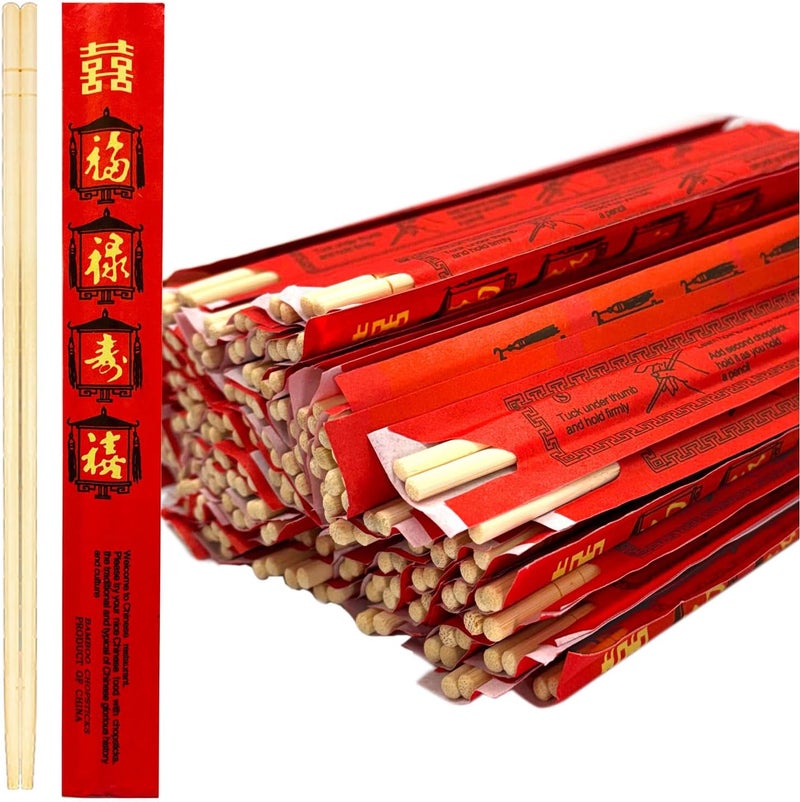 52USA Disposable Bamboo Chopsticks (100 Sets) - 9'' Long, UV Treated, Individually Wrapped Japanese and Chinese Wooden Chopsticks Bulk - Image 1