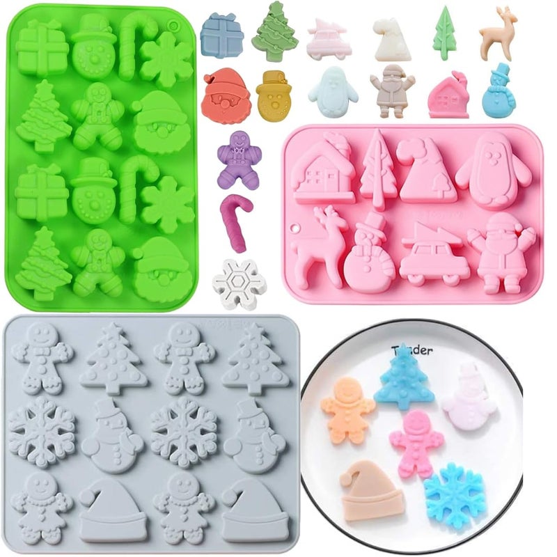Skytail 3 Pack Christmas Chocolate Molds Candy Baking 3D Snowflake Cane Snowman Xmas Tree Gingerbread Man Santa Claus Gift Box Shape Molds for DIY Handmade Soap Candles Jelly Fondant Gummy Cake Molds - Image 1