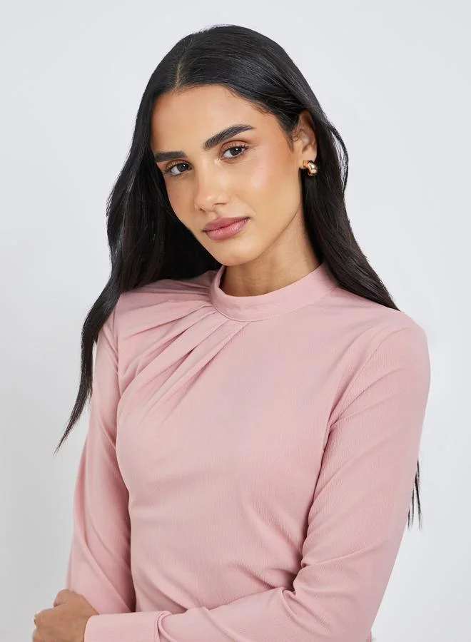 Styli Styli Women Pink Mock Neck Pleat-Front Blouse