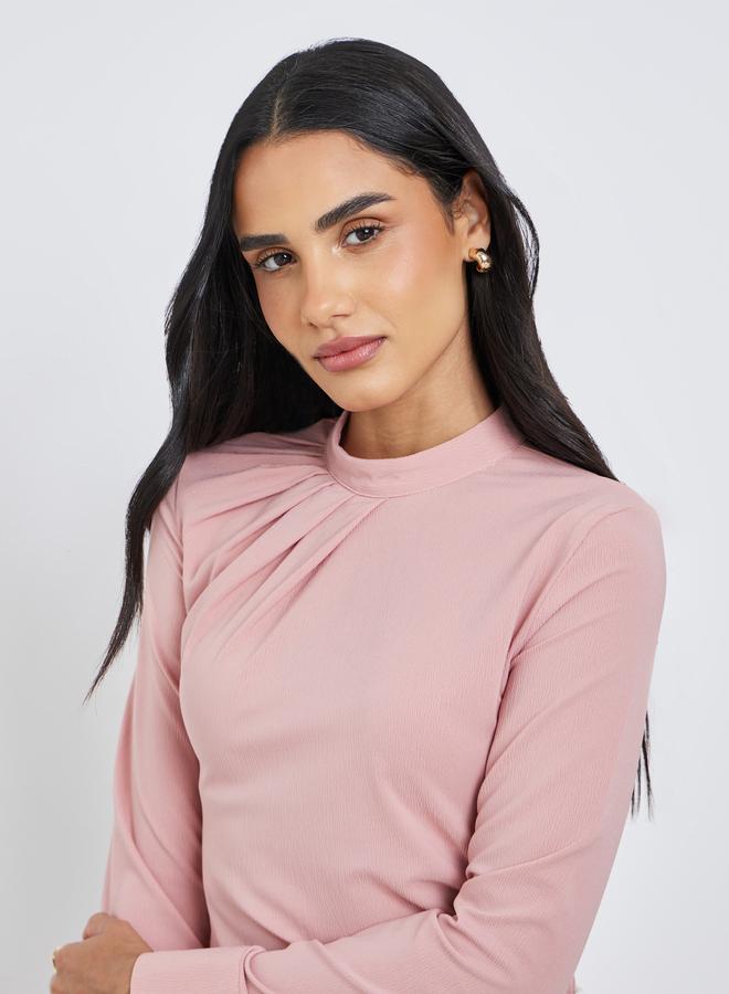 Styli Women Pink Mock Neck Pleat-Front Blouse - Image 1