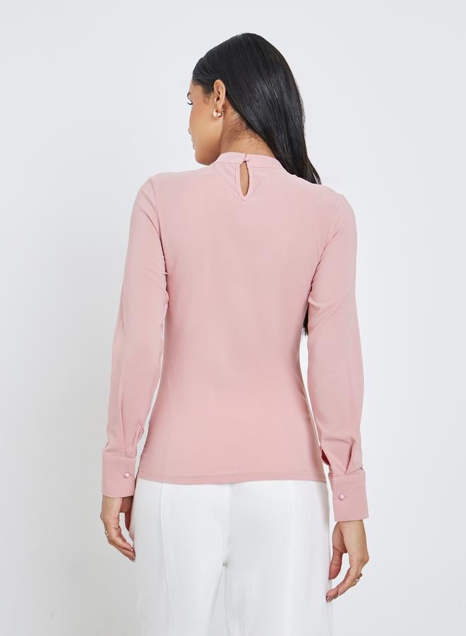 Styli Women Pink Mock Neck Pleat-Front Blouse - Image 5