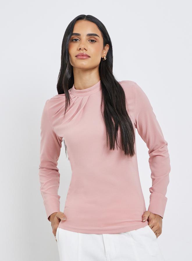 Styli Women Pink Mock Neck Pleat-Front Blouse - Image 4