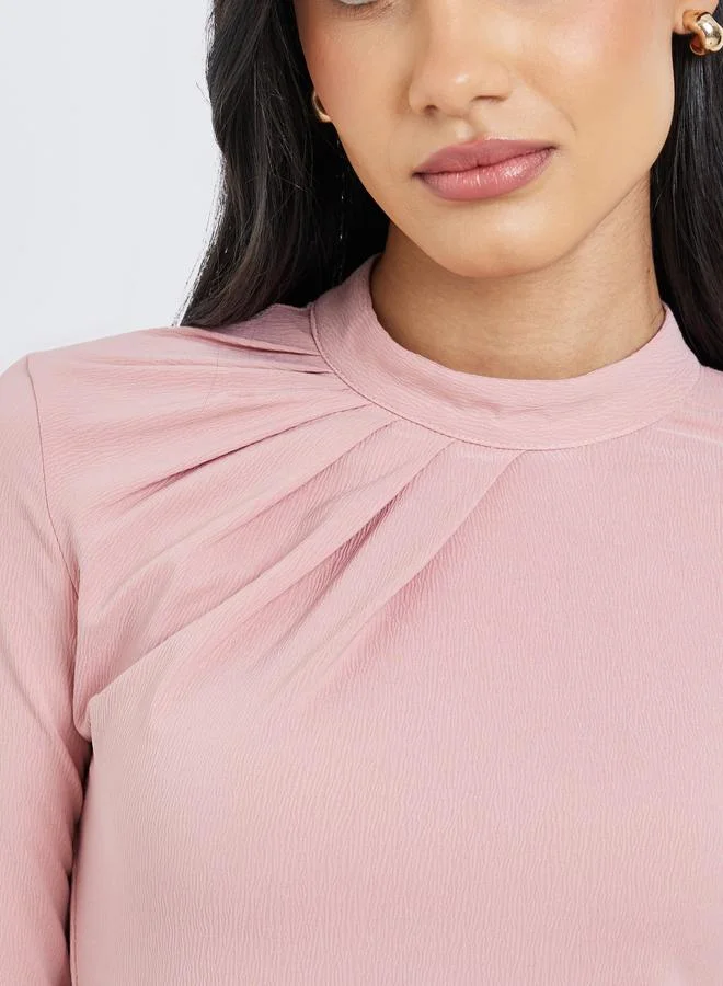 Styli Styli Women Pink Mock Neck Pleat-Front Blouse