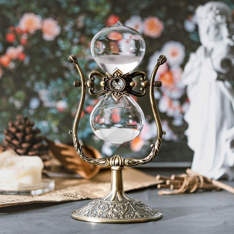 Samlong Large Hourglass Timer 60 Minute Sand Clock, Rotating Embossed Sand Timer Vintage Home DÃ©cor, Bronze Metal Hour Glass with White Sand - Image 1