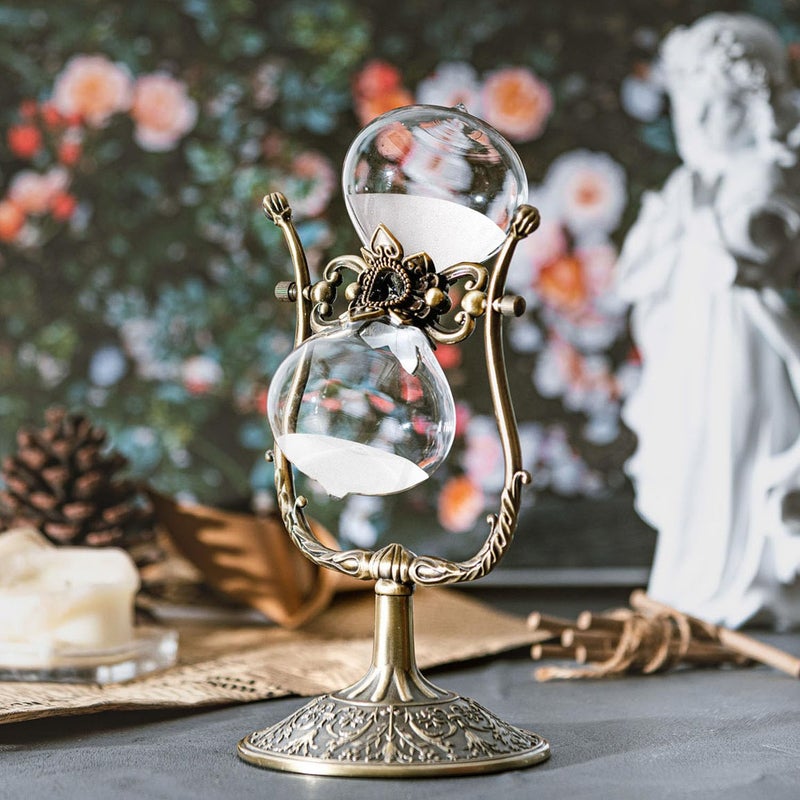 Samlong Large Hourglass Timer 60 Minute Sand Clock, Rotating Embossed Sand Timer Vintage Home DÃ©cor, Bronze Metal Hour Glass with White Sand - Image 2