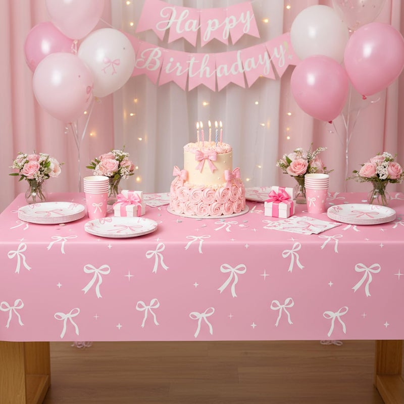 Oigco 2 Pcs Pink Bow Tablecloth, Coquette Birthday Decorations, Bow Plastic Table Cover for Girls Bridal Wedding Pink Bow Birthday Decorations, 54x108 Inch - Image 5