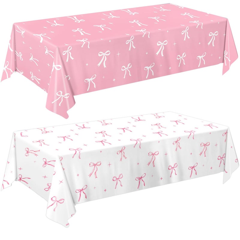 Oigco 2 Pcs Pink Bow Tablecloth, Coquette Birthday Decorations, Bow Plastic Table Cover for Girls Bridal Wedding Pink Bow Birthday Decorations, 54x108 Inch - Image 1