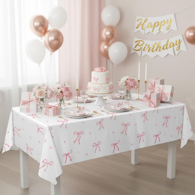 Oigco 2 Pcs Pink Bow Tablecloth, Coquette Birthday Decorations, Bow Plastic Table Cover for Girls Bridal Wedding Pink Bow Birthday Decorations, 54x108 Inch - Image 3