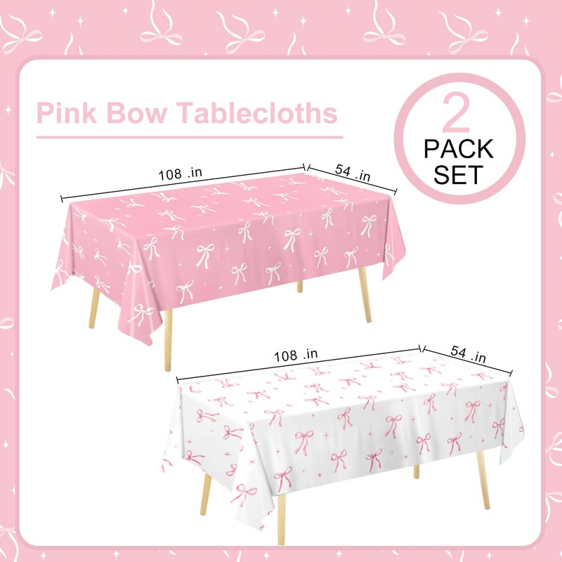 Oigco 2 Pcs Pink Bow Tablecloth, Coquette Birthday Decorations, Bow Plastic Table Cover for Girls Bridal Wedding Pink Bow Birthday Decorations, 54x108 Inch - Image 2