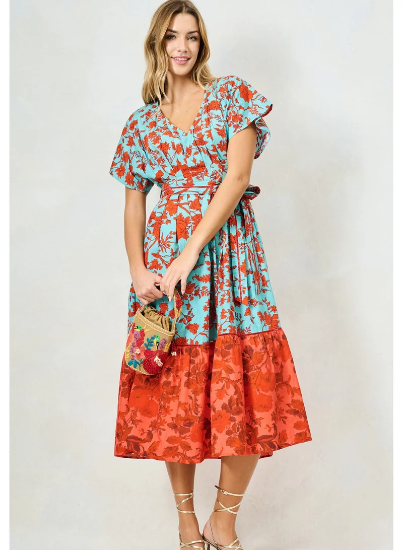 Hope & Ivy  Mixed Print V-Neck Midi Dress with Tie Waist for Women | Best Price UAE