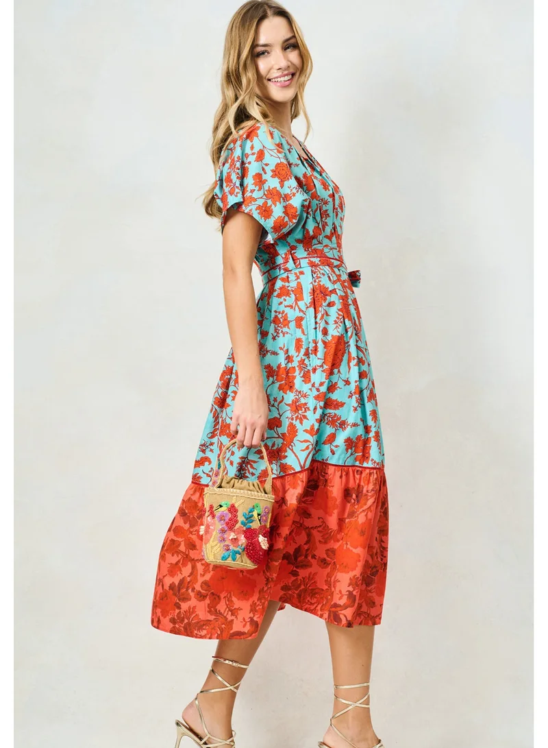 Hope & Ivy  Mixed Print V-Neck Midi Dress with Tie Waist for Women | Best Price UAE