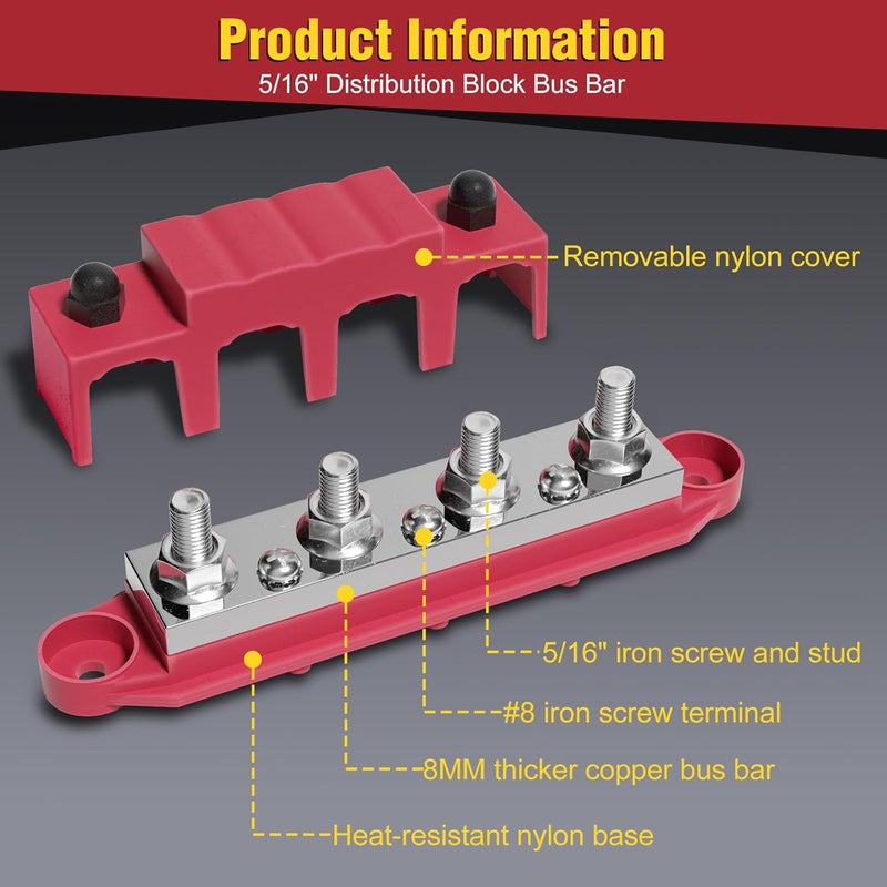 MOFEEZ 48V 400A Bus Bar 4 x 5/16” Post 3 x #8 Screw Terminal Power Distribution Block for Car Boat Marine (Red & Black) - Image 4
