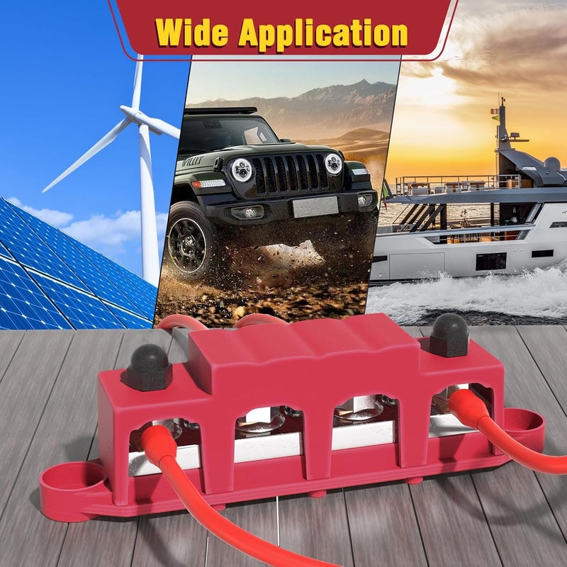 MOFEEZ 48V 400A Bus Bar 4 x 5/16” Post 3 x #8 Screw Terminal Power Distribution Block for Car Boat Marine (Red & Black) - Image 5