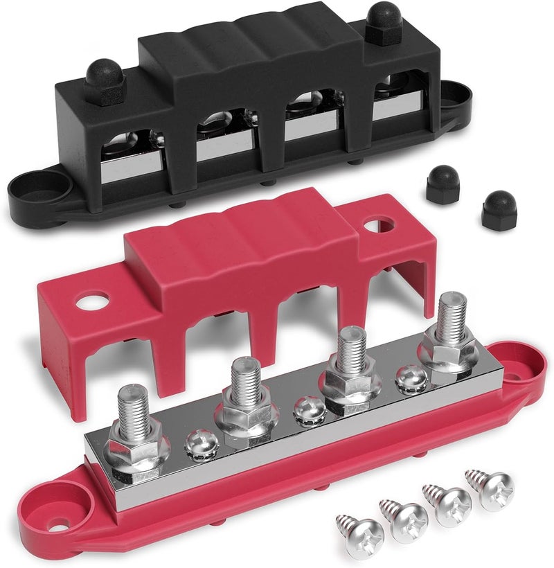 MOFEEZ 48V 400A Bus Bar 4 x 5/16” Post 3 x #8 Screw Terminal Power Distribution Block for Car Boat Marine (Red & Black) - Image 1
