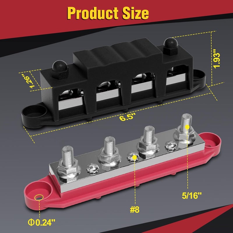 MOFEEZ 48V 400A Bus Bar 4 x 5/16” Post 3 x #8 Screw Terminal Power Distribution Block for Car Boat Marine (Red & Black) - Image 2