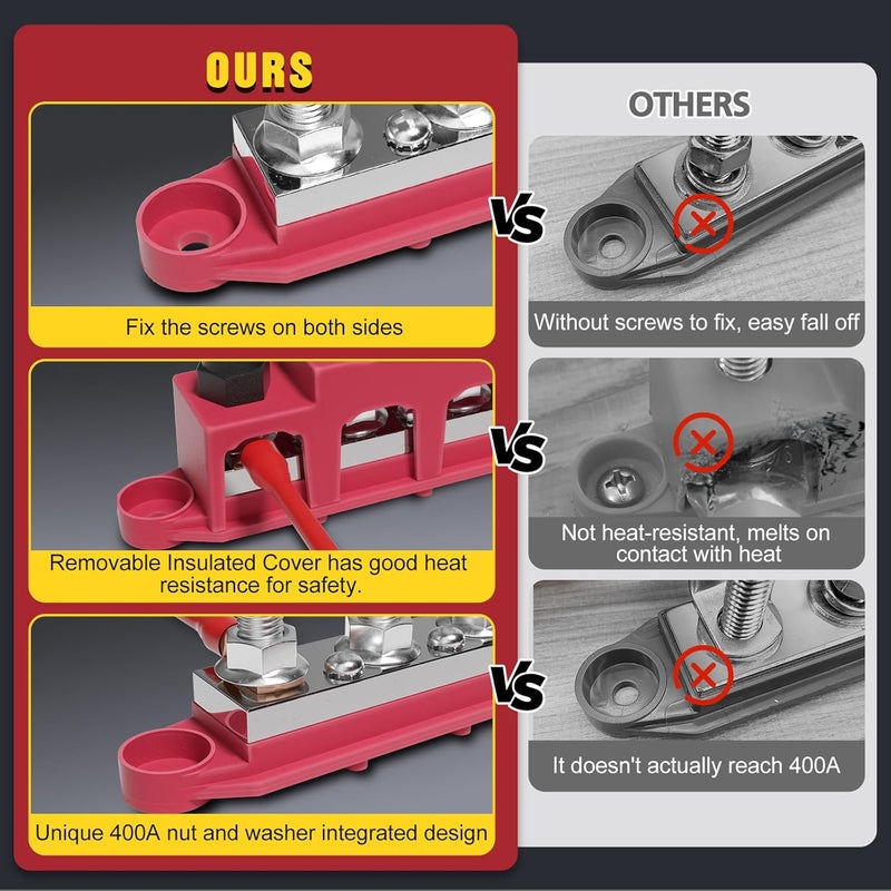 MOFEEZ 48V 400A Bus Bar 4 x 5/16” Post 3 x #8 Screw Terminal Power Distribution Block for Car Boat Marine (Red & Black) - Image 3