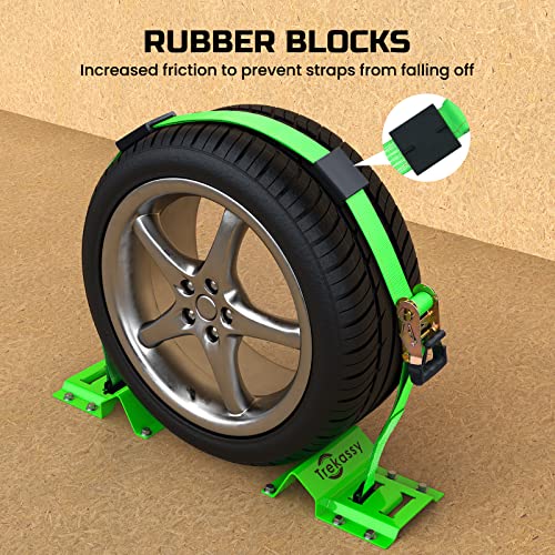 Trekassy Wheel Chock Tie-Down Kit with Rubber Blocks, (4,400lb Break Strength) Heavy Duty E Track Trailer Tire Straps for ATV, UTV, Lawn Mower- 2 Pack - Image 2