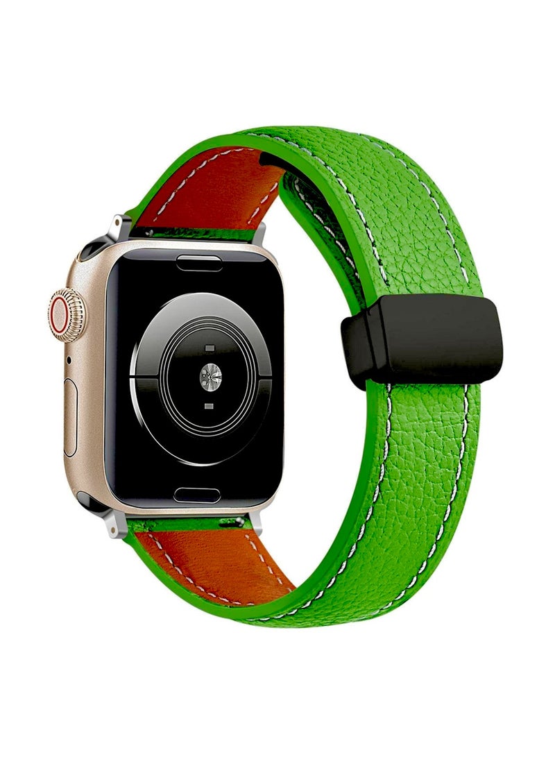 CMP Green Leather Classic Strap with Magnetic Buckle for Apple Watch 42mm, 44mm, 45mm, 49mm, Premium Replacement Band  Leather Apple Watch strap, magnetic buckle band, green Apple Watch leather strap, classic leather band, luxury Apple Watch strap, 42mm band, 44mm band, 45mm band, 49mm leather strap, magnetic Apple Watch replacement - Image 2