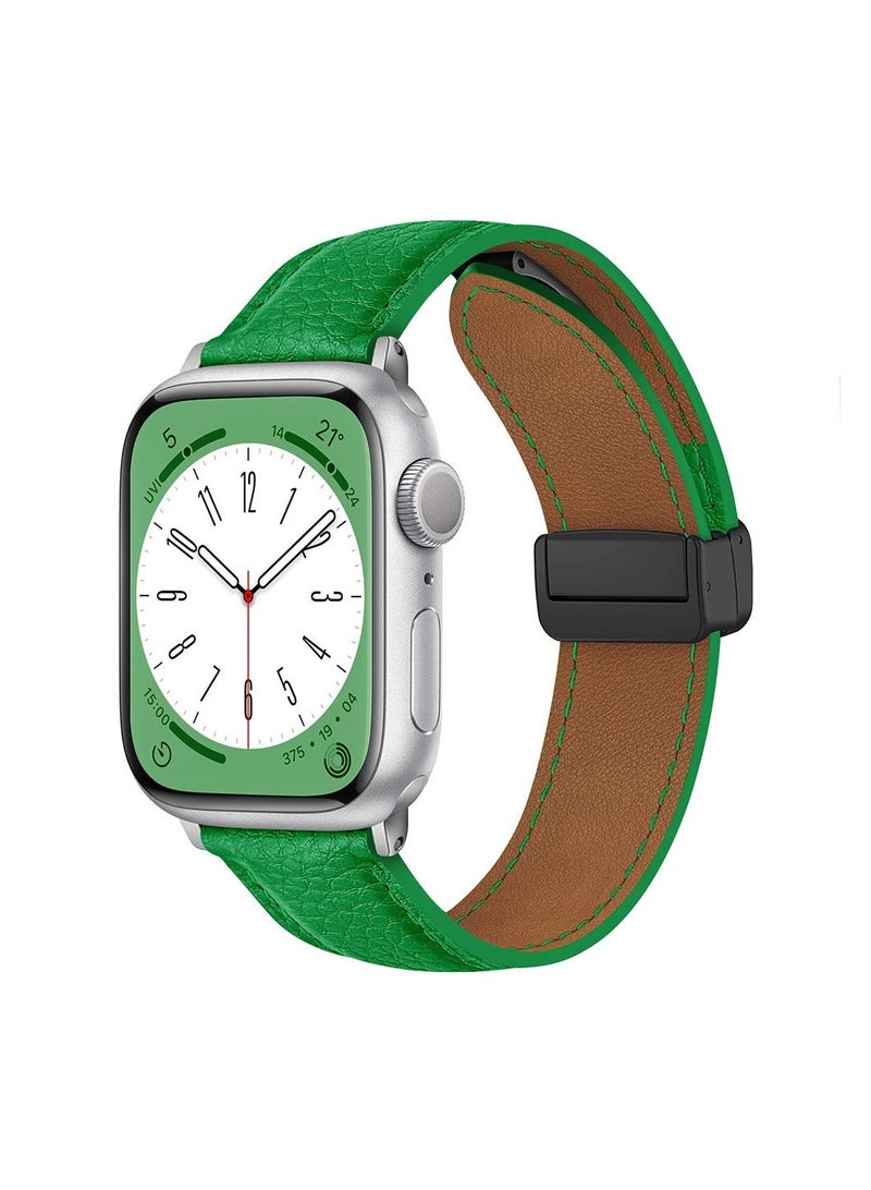 CMP Green Leather Classic Strap with Magnetic Buckle for Apple Watch 42mm, 44mm, 45mm, 49mm, Premium Replacement Band  Leather Apple Watch strap, magnetic buckle band, green Apple Watch leather strap, classic leather band, luxury Apple Watch strap, 42mm band, 44mm band, 45mm band, 49mm leather strap, magnetic Apple Watch replacement - Image 1
