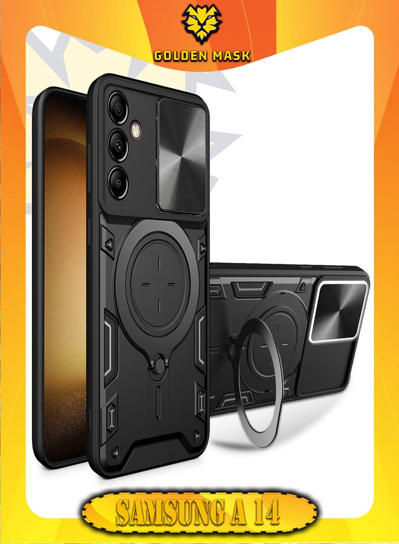 جولدن ماسك لهاتف سامسونج جالاكسي اية 14/ اية 14 5جى (Samsung Galaxy A14/A14 5G) جراب حماية مع باب جرار لحماية عدسة  الكاميرا المدرعة مدمج بزاوية 360 درجة - (اسود)