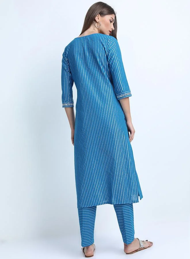 Vishudh Women Blue Striped Cotton Kurta Set by Styli