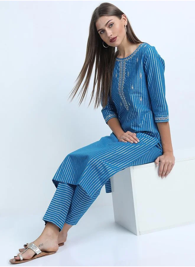 Vishudh Women Blue Striped Cotton Kurta Set by Styli