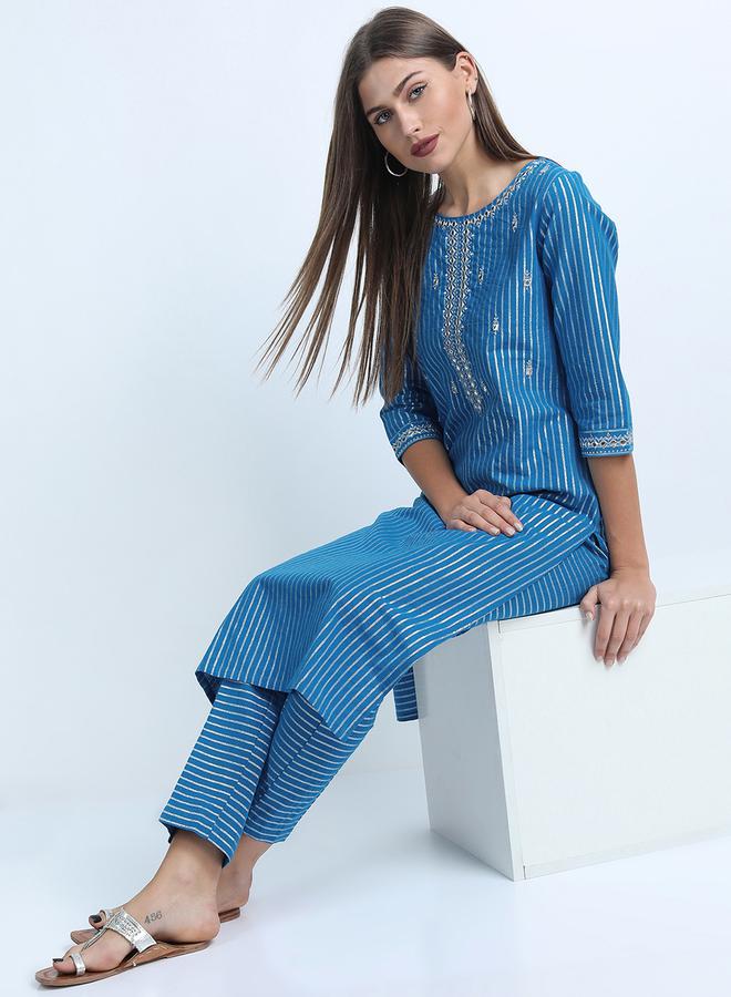Vishudh Women Blue Striped Cotton Kurta Set - Image 1