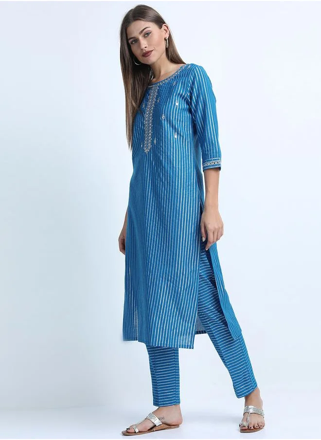 Vishudh Women Blue Striped Cotton Kurta Set by Styli