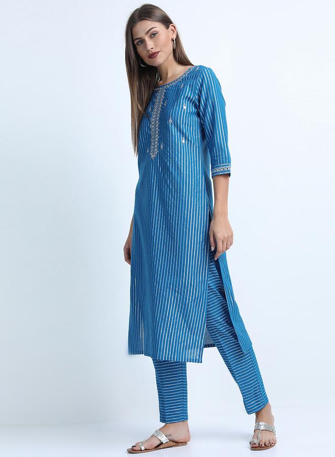 Vishudh Women Blue Striped Cotton Kurta Set - Image 2