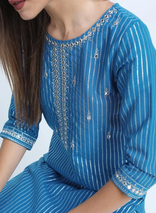 Vishudh Women Blue Striped Cotton Kurta Set by Styli