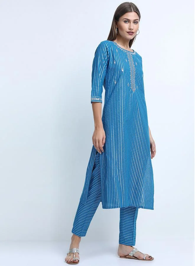 Vishudh Women Blue Striped Cotton Kurta Set by Styli